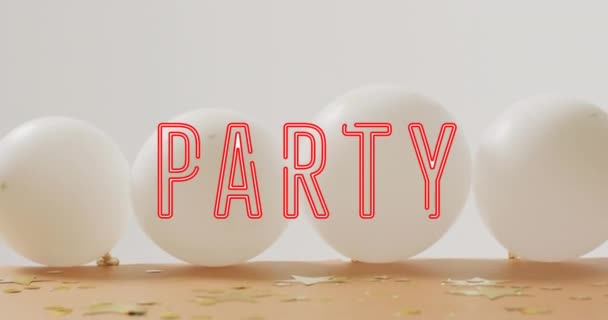 Animatie Van Partytekst Party Witte Ballonnen Achtergrond Verjaardagsfeest Feest Festiviteit — Stockvideo