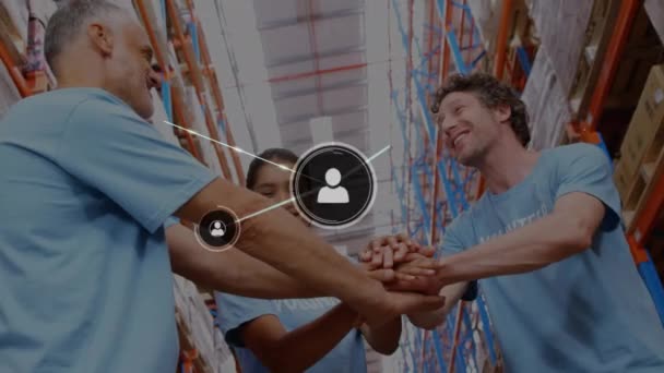 倉庫内の多様なボランティアによるネットワークのアニメーション グローバルビジネスとデジタルインターフェースの概念デジタル生成されたビデオ — ストック動画