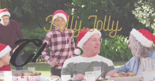 Animazione Auguri Natale Testo Sulla Famiglia Caucasica Cappelli Babbo Natale — Video Stock