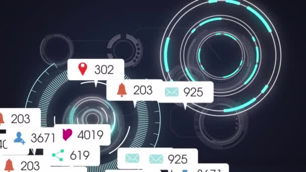 Анімація Піктограм Соціальних Мереж Плавають Навколо Круглих Сканерів Синьому Фоні — стокове відео