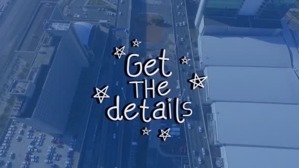 Animacja Uzyskać Szczegóły Baner Tekstowy Ikonami Gwiazdy Nad Widokiem Lotniczym — Wideo stockowe