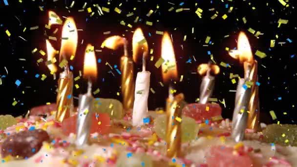 Animation Confetti Falling Birthday Cake Candles Black Background Party Celebration — Stock Video