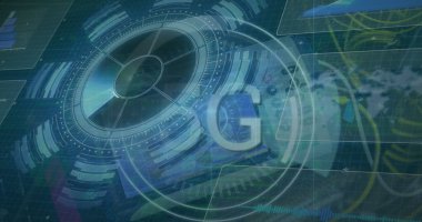 Görüntü veri işlemenin bir beyin üzerinde gerçekleştiğini gösteriyor. Küresel iş ve dijital arayüz kavramı dijital olarak üretilen bir görüntü olarak gösterilmektedir. Sunucular üzerinde 5G ve işleme çemberlerinin görüntüsü. Ağ, iletişim, veri işleme ve teknoloji konc