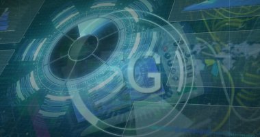 Görüntü veri işlemenin bir beyin üzerinde gerçekleştiğini gösteriyor. Küresel iş ve dijital arayüz kavramı dijital olarak üretilen bir görüntü olarak gösterilmektedir. Sunucular üzerinde 5G ve işleme çemberlerinin görüntüsü. Ağ, iletişim, veri işleme ve teknoloji konc