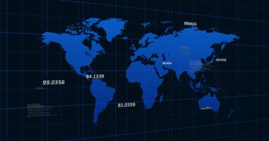 Siyah arkaplanda yükselen mavi sayıların olduğu mavi bir dünya haritası. Küresel ekonomi borsa konsepti dijital kompozisyon