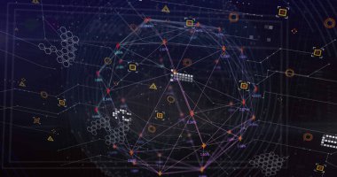 Dijital uzayda simgeler, dünya ve bağlantılar. Dijital alan, bilgisayarlar, ağ ve teknoloji konsepti dijital olarak oluşturulmuş görüntü.