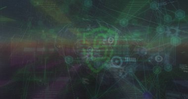 Bağlantılar görüntüsü, dijital asma kilit, karanlık uzay üzerindeki veriler. Dijital güvenlik, bilgisayarlar, ağ ve teknoloji konsepti dijital olarak oluşturulmuş görüntü.