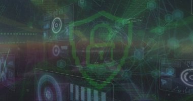 Bağlantılar görüntüsü, dijital asma kilit, karanlık uzay üzerindeki veriler. Dijital güvenlik, bilgisayarlar, ağ ve teknoloji konsepti dijital olarak oluşturulmuş görüntü.