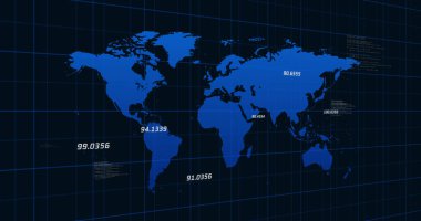 Siyah arkaplanda yükselen mavi sayıların olduğu mavi bir dünya haritası. Küresel ekonomi borsa konsepti dijital kompozisyon