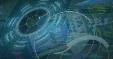 Görüntü veri işlemenin bir beyin üzerinde gerçekleştiğini gösteriyor. Küresel iş ve dijital arayüz kavramı dijital olarak üretilen bir görüntü olarak gösterilmektedir. Sunucular üzerinde 5G ve işleme çemberlerinin görüntüsü. Ağ, iletişim, veri işleme ve teknoloji konc