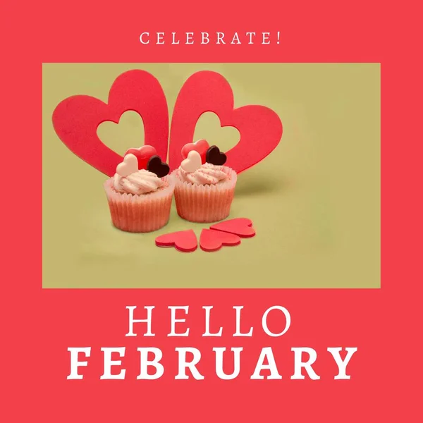 Samenstelling Van Hallo Februari Tekst Cupcakes Met Hartjes Groene Achtergrond — Stockfoto