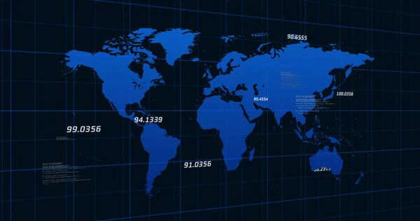 Εικόνα Ενός Μπλε Χάρτη Μπλε Αριθμούς Ανεβοκατεβαίνουν Μαύρο Φόντο Παγκόσμια — Φωτογραφία Αρχείου