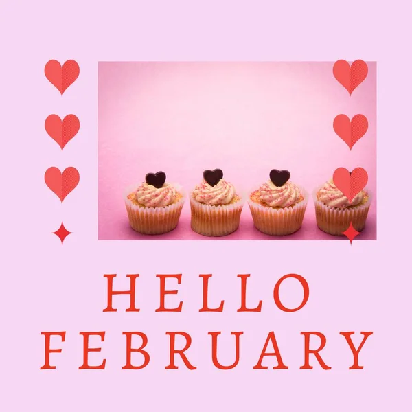 Samenstelling Van Hallo Februari Tekst Cupcakes Met Hartjes Roze Achtergrond — Stockfoto