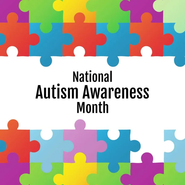 Samenstelling Van Nationale Autisme Bewustzijn Maand Tekst Multi Gekleurde Puzzelstukjes — Stockfoto