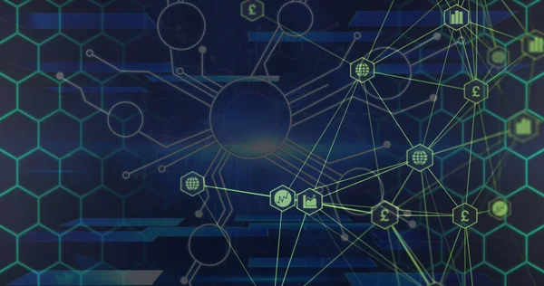 stock image Image of connections and hexagons over navy background. Digital space, computers, network and technology concept digitally generated image.