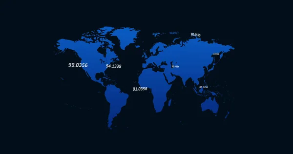 蓝色世界地图的图像 蓝色的数字在黑色背景上上下移动 全球经济股票市场概念数字构成 — 图库照片
