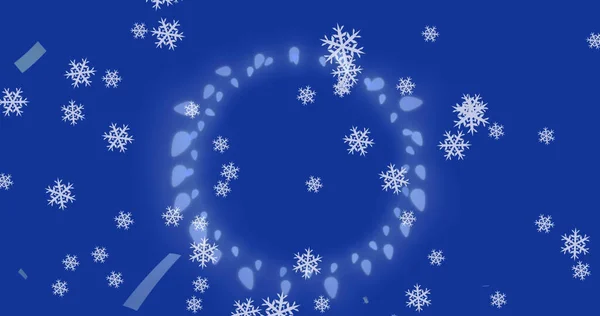 Imagen Copos Nieve Sobre Luces Navideñas Sobre Fondo Azul Navidad — Foto de Stock