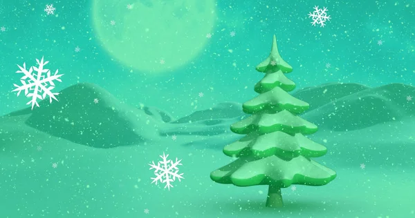 Obrázek Zelené Zimní Krajiny Stromem Vločkami Horami Vánoční Zimní Tradiční — Stock fotografie