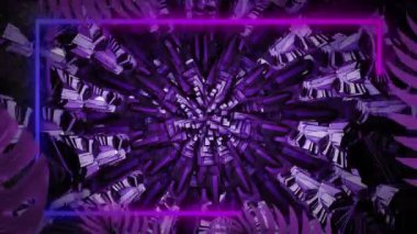 Siyah arkaplanda yaprak ve çerçeve animasyonu. Soyut arkaplan, şablon ve hareket kavramı dijital olarak oluşturuldu.