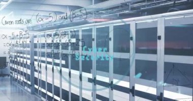 Sunucu odasında siber güvenlik metninin tarama ve matematiksel denklemlerle animasyonu. Küresel teknoloji, bilgisayar ve dijital arayüz kavramı dijital olarak oluşturulmuş video.