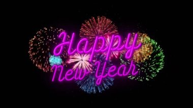 Havai fişekler üzerine yeni yıl mesajı animasyonu. Yeni yıl arifesi, noel, şenlik, kutlama ve gelenek kavramını dijital olarak oluşturduk..