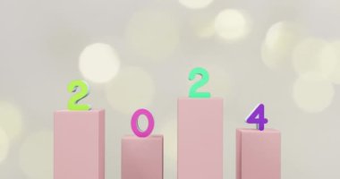 Arka planda 2024 metin ve noel dekorasyonunun animasyonu. Yeni yıl, Noel, şenlik, kutlama ve gelenek konsepti dijital olarak oluşturuldu.