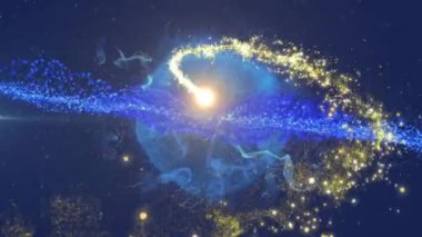 Mavi küre ve ağ üzerinde kayan yıldızın animasyonu. Işık ve hareket kavramı dijital olarak oluşturulmuş video.