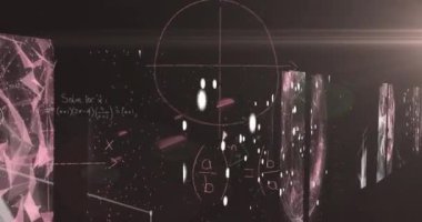 Matematiksel denklemlerin, siyah arkaplandaki bağlantılar ağı üzerinden canlandırılması. Küresel eğitim, bilim ve dijital arayüz kavramı dijital olarak oluşturulmuş video.