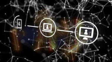 Kristaller üzerinde medya simgelerinin canlandırılması. Küresel iş ve dijital arayüz kavramı dijital olarak oluşturulmuş video.