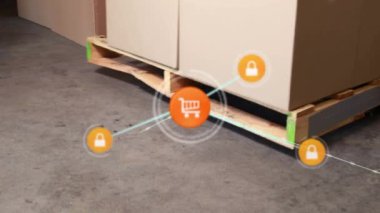 Animation of network of connections over warehouse. Global business and digital interface concept digitally generated video.