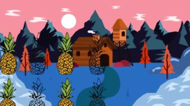 Bulutlu gökyüzüne karşı evlerin ve dağların çizimlerinin üzerinde ananas animasyonu. Dijital olarak üretilen hologram, illüstrasyon, manzara, ağaçlar, kasaba, meyve, doğa, soyut ve vektör kavramı.