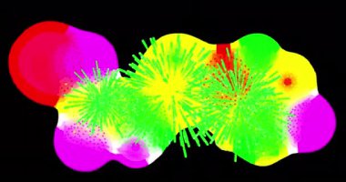Siyah arka planda şekillerin ve havai fişeklerin animasyonu. Yeni yıl, parti ve kutlama konsepti dijital olarak oluşturuldu.