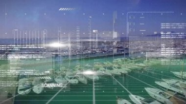 Marina manzarası üzerinde istatistik ve veri işleme animasyonu. Küresel veri işleme ve bağlantılar konsepti dijital olarak oluşturulmuş video.