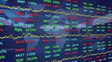 Kara fon üzerinde dünya haritası üzerinde borsa animasyonu. Küresel iş, finans ve dijital arayüz kavramı dijital olarak oluşturulmuş video.