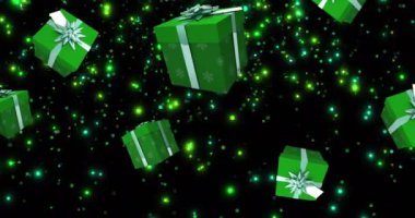 Animasyon Noel hediyeleri düşüyor ve ışıklar parlıyor. Noel, şenlik, gelenek ve kutlama konsepti dijital olarak oluşturuldu.