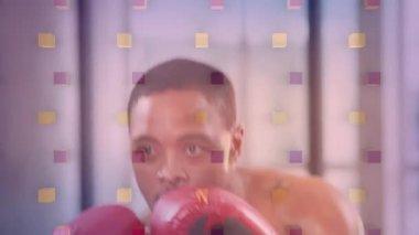 Afro-Amerikan adam boksu üzerine kare animasyonları. Küresel spor, sağlık ve dijital arayüz kavramı dijital olarak oluşturulmuş video.