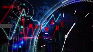 Veri işleme üzerinden kötü amaçlı yazılımın animasyonu ve siyah arkaplan üzerindeki saat. Küresel teknoloji, çevrimiçi güvenlik ve dijital arayüz kavramı dijital olarak oluşturulmuş video.