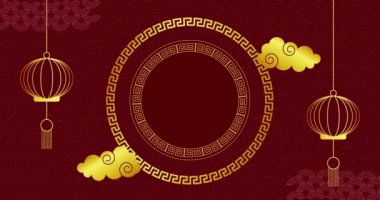Kırmızı arka planda Çin desenli ve dekorasyonlu animasyon. Çin yeni yılı, şenlik, kutlama ve geleneksel konsept dijital olarak oluşturulmuş video.