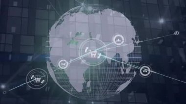 Çizgiler ve cam bina üzerindeki dünya ile bağlantılı çizgi ve araba simgelerinin animasyonu. Dijital bileşik, çoklu pozlama, küreselleşme, rapor, alışveriş, şehir, iletişim, teknoloji.