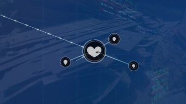 Hurdalığa karşı dijital simgelerin ve borsa veri işleme ağının animasyonu. Küresel ağ ve iş teknolojisi kavramı