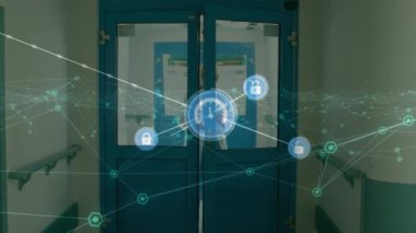 Kadın doktor üzerindeki noktalarla bağlantı ağının animasyonu. Küresel tıp, sağlık, veri işleme ve dijital olarak üretilen video konsepti.