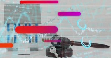 Renkli tüplerin animasyonu ve ev modelinin finansal verileri. Küresel finans ve ekonomik kriz kavramı dijital olarak üretilen video.