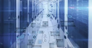 Sunucu odasında veri işleme animasyonu. küresel iş ve dijital arayüz kavramı dijital olarak oluşturulmuş video.