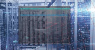 Animation of mathematical equations and data processing over server room. Global technology, computing and digital interface concept digitally generated video.