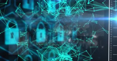 Şekiller üzerinde veri işleme ve asma kilit animasyonu. Küresel iş ve dijital arayüz kavramı dijital olarak oluşturulmuş video.