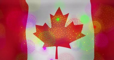 Kanada bayrağı üzerinde havai fişek gösterisi. Yeni yıl, parti ve kutlama konsepti dijital olarak oluşturuldu.