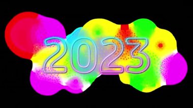 Siyah arka planda şekiller ve havai fişekler üzerine 2023 metnin animasyonu. Yeni yıl, parti ve kutlama konsepti dijital olarak oluşturuldu.