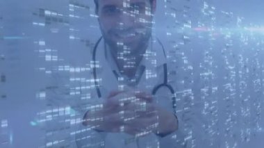 Kafkas erkek doktor üzerinde hareket eden sütunların animasyonu. Küresel tıp, sağlık ve dijital arayüz kavramı dijital olarak üretilen video.