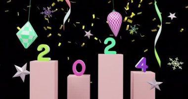 Arka planda 2024 metin ve noel dekorasyonunun animasyonu. Yeni yıl, Noel, şenlik, kutlama ve gelenek konsepti dijital olarak oluşturuldu.