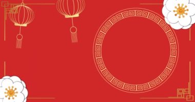 Kırmızı arka planda Çin desenli ve dekorasyonlu animasyon. Çin yeni yılı, şenlik, kutlama ve geleneksel konsept dijital olarak oluşturulmuş video.